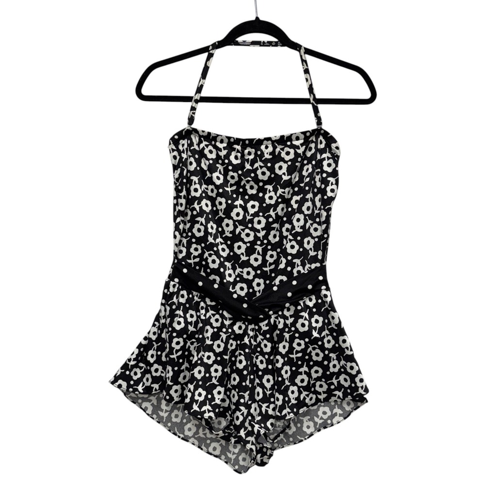 Vintage Gabar One-Piece Swimsuit, Size 14, Black‎ & White Floral Made in USA